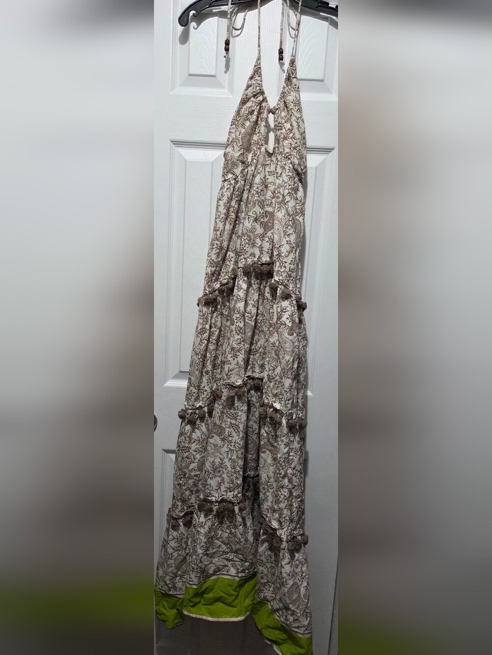 VENUS Cream and Brown Floral Halter Tiered Maxi Dress with Lime Trim